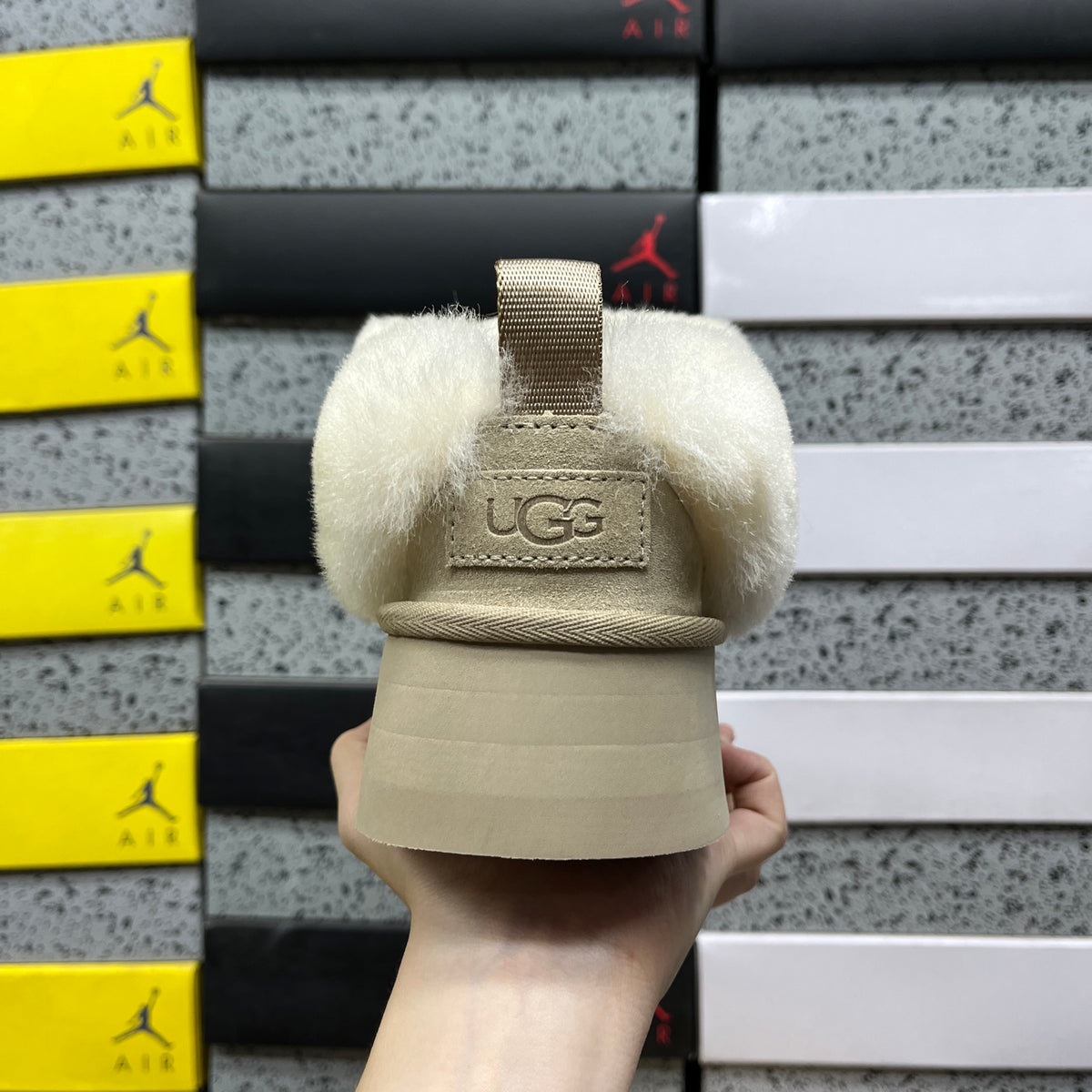 UGG Plush-Collar Platform Ankle Boots in Sand & Cream