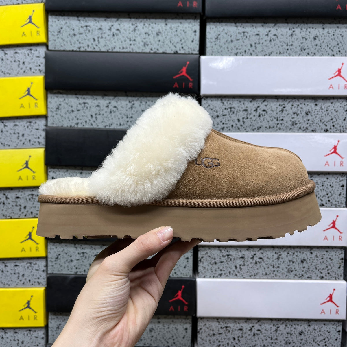UGG Platform Slippers in Chestnut & Cream