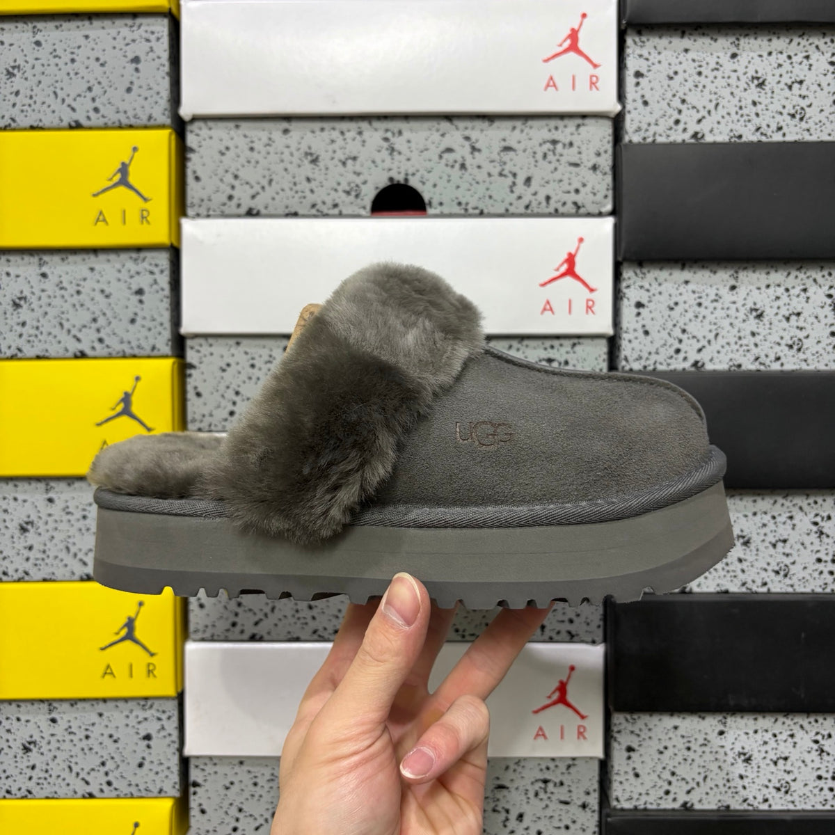 UGG Gray Platform Slippers with Plush Collar – 3 cm