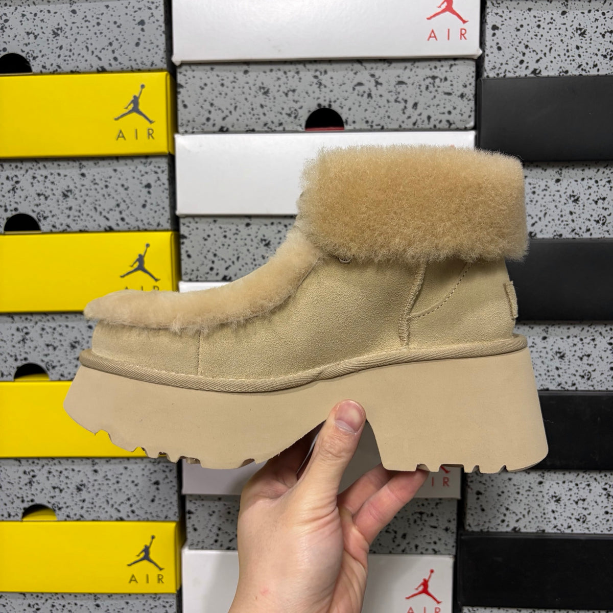 UGG Plush-Trim Platform Ankle Boots in Sand – Style W1171532