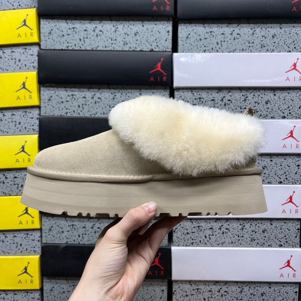 UGG Plush-Collar Platform Ankle Boots in Sand & Cream