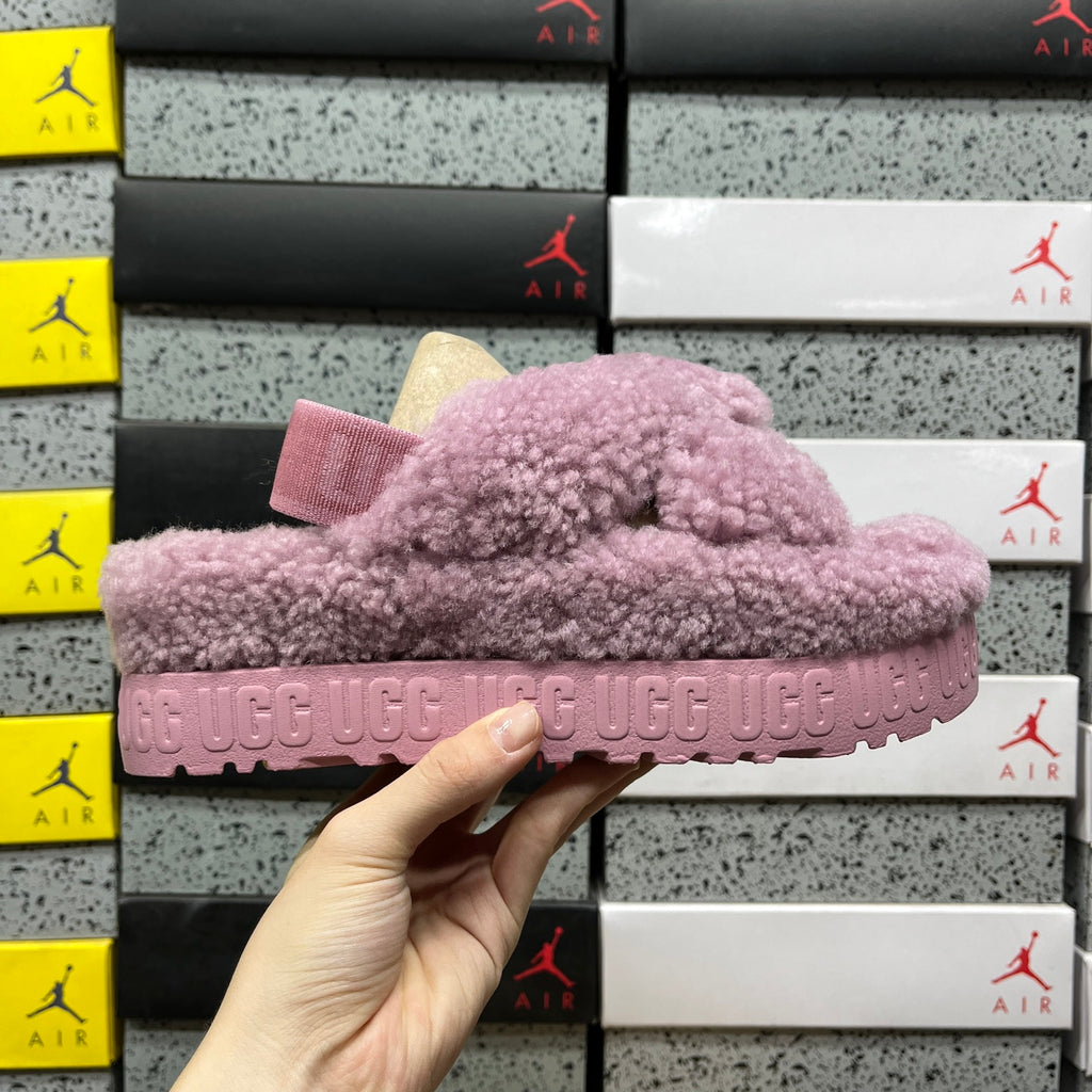 UGG Fluffy Cross-Strap Platform Sandals in Greyish Purple