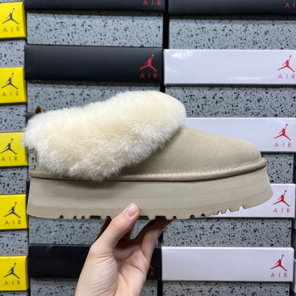 UGG Plush-Collar Platform Ankle Boots in Sand & Cream