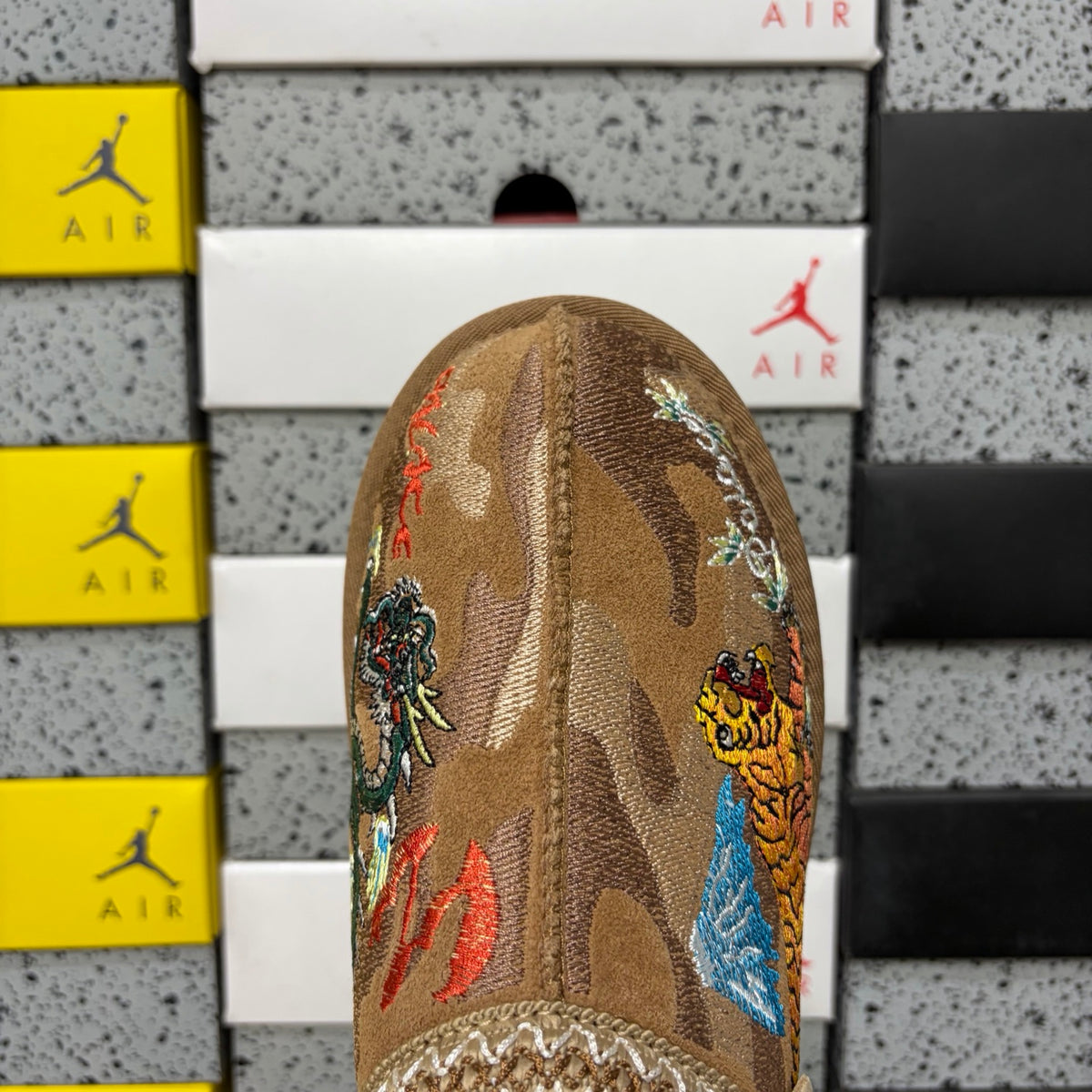 UGG Dragon & Tiger Embroidered Slip-On Shoes in Chestnut – Style 2553