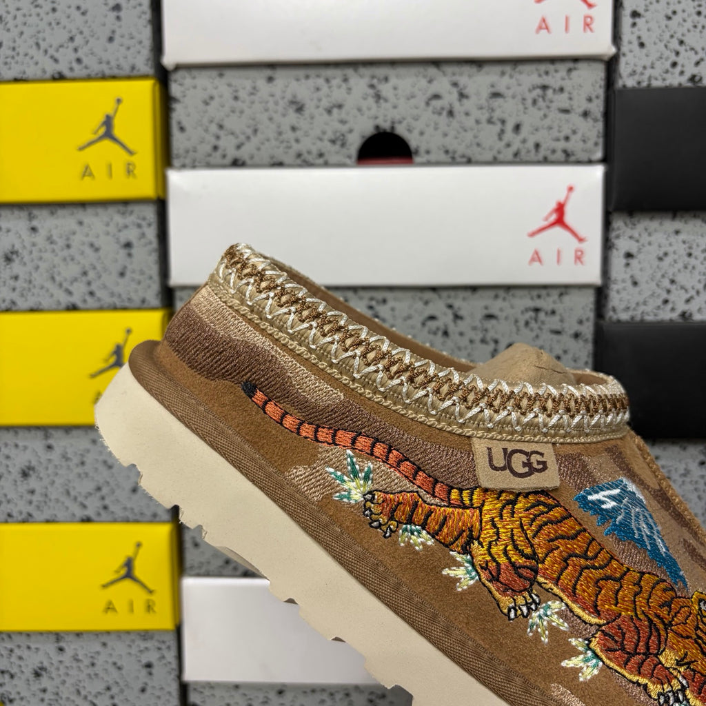 UGG Dragon & Tiger Embroidered Slip-On Shoes in Chestnut – Style 2553