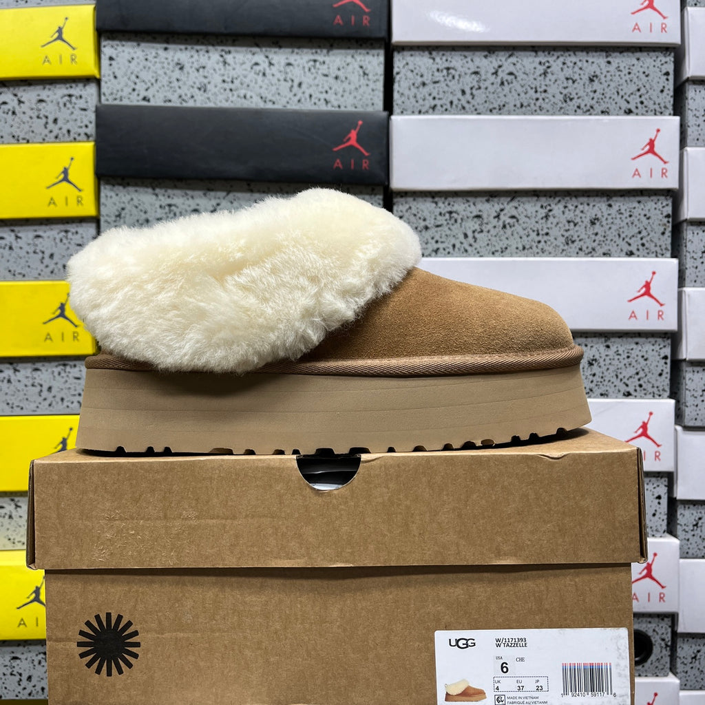 UGG Plush-Collar Platform Ankle Boots in Chestnut & Cream
