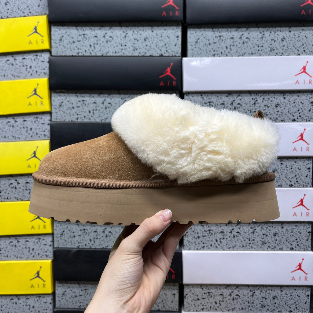 UGG Plush-Collar Platform Ankle Boots in Chestnut & Cream
