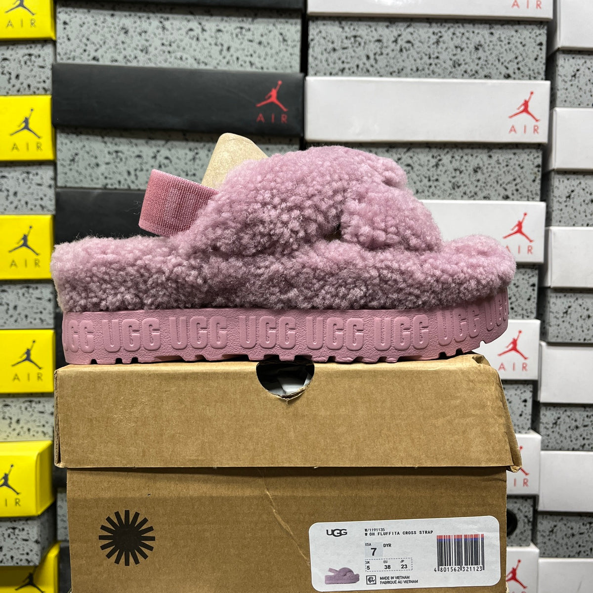 UGG Fluffy Cross-Strap Platform Sandals in Greyish Purple