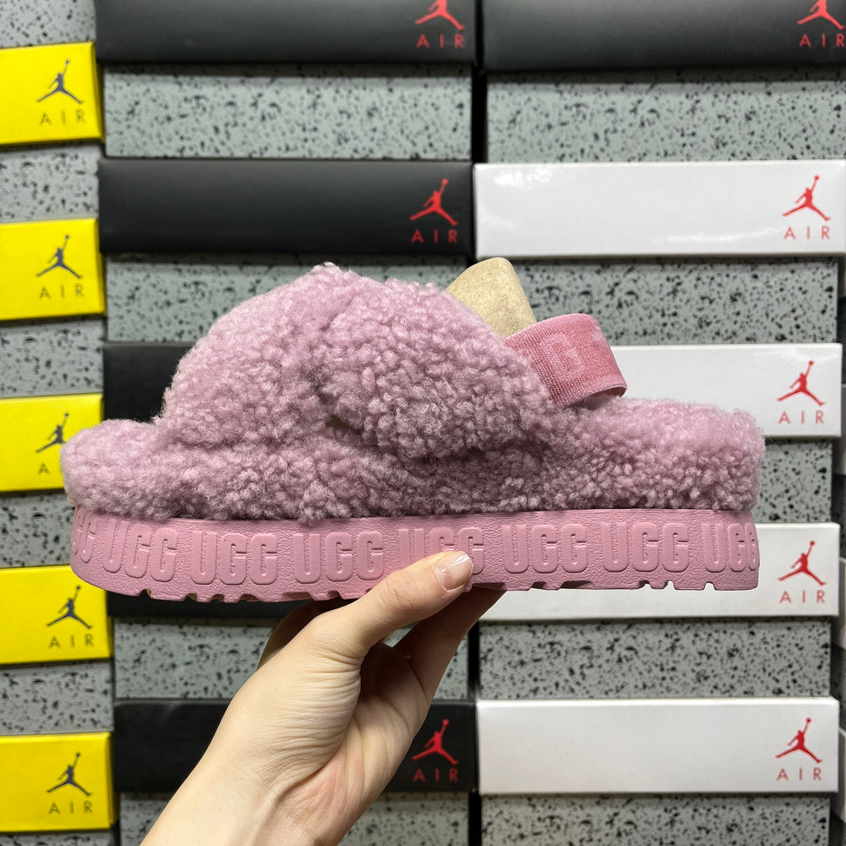 UGG Fluffy Cross-Strap Platform Sandals in Greyish Purple