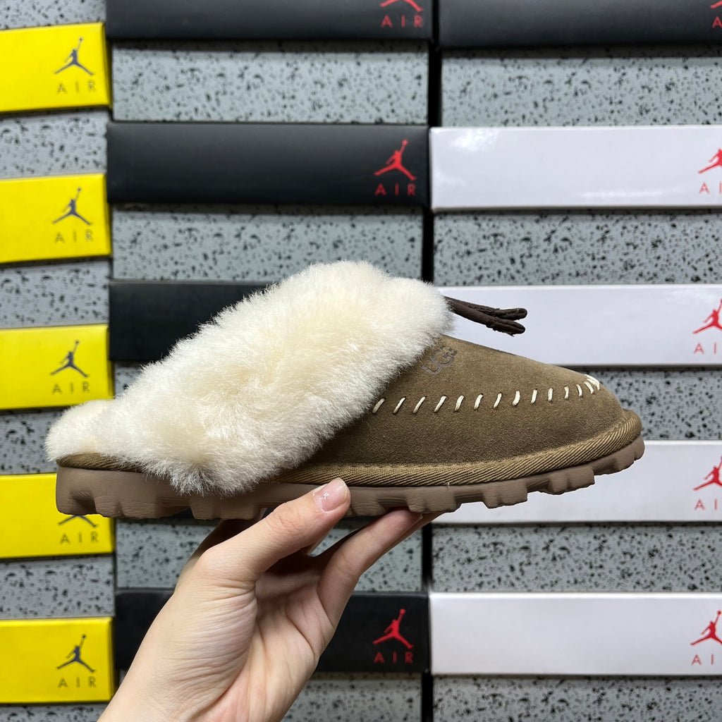 UGG Plush-Collar Slip-On Shoes in Light Bronze & Cream