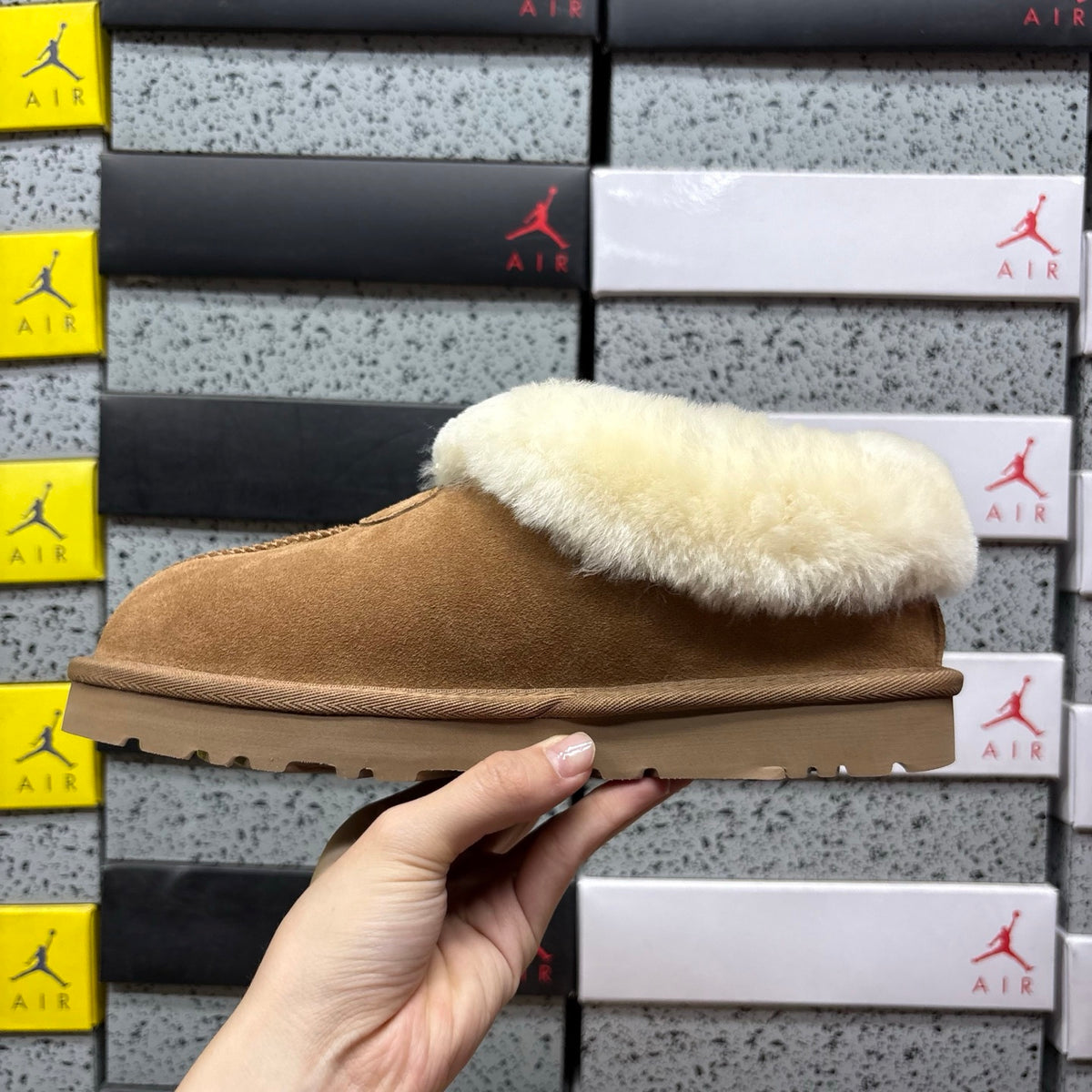 UGG Tazzette Plush-Collar Slip-On Shoes in Chestnut & Cream