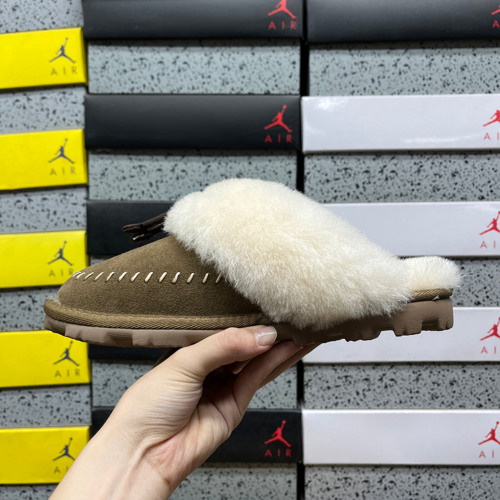 UGG Plush-Collar Slip-On Shoes in Light Bronze & Cream