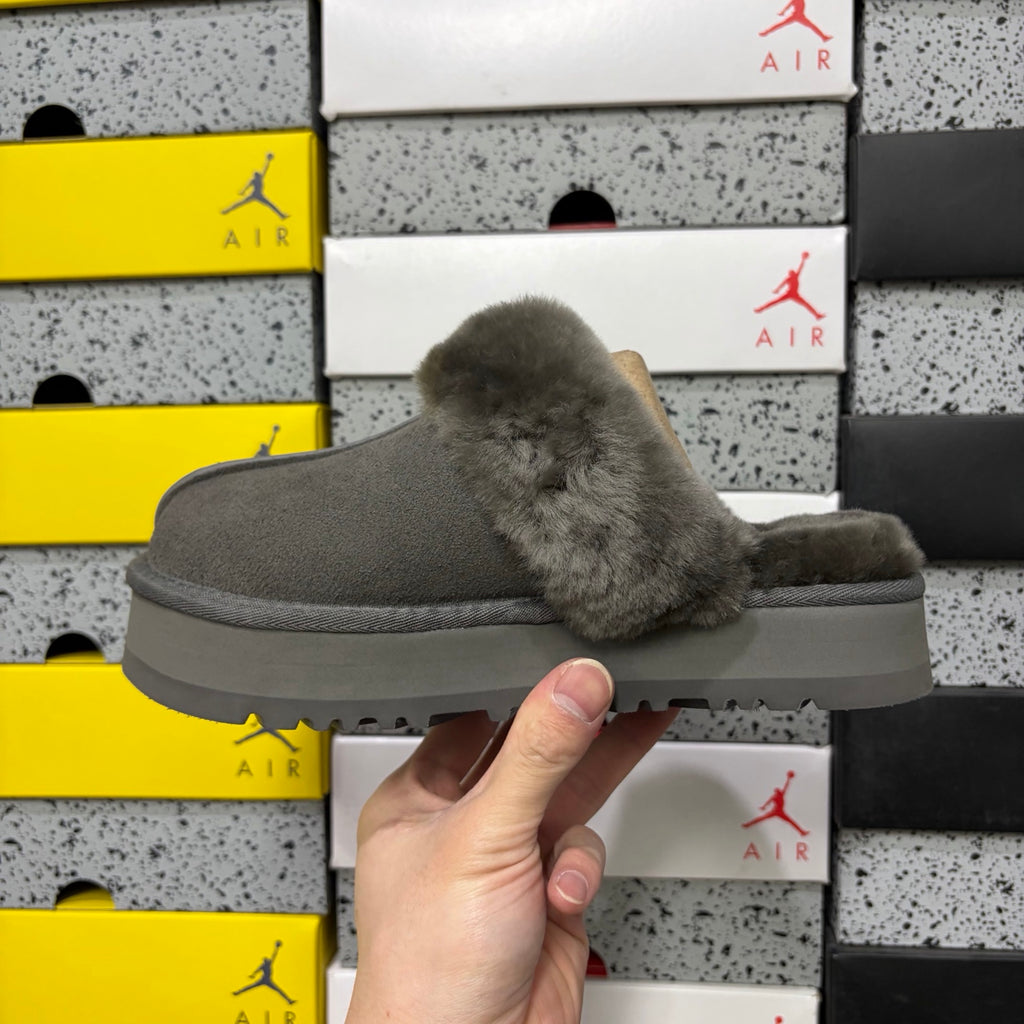 UGG Gray Platform Slippers with Plush Collar – 3 cm