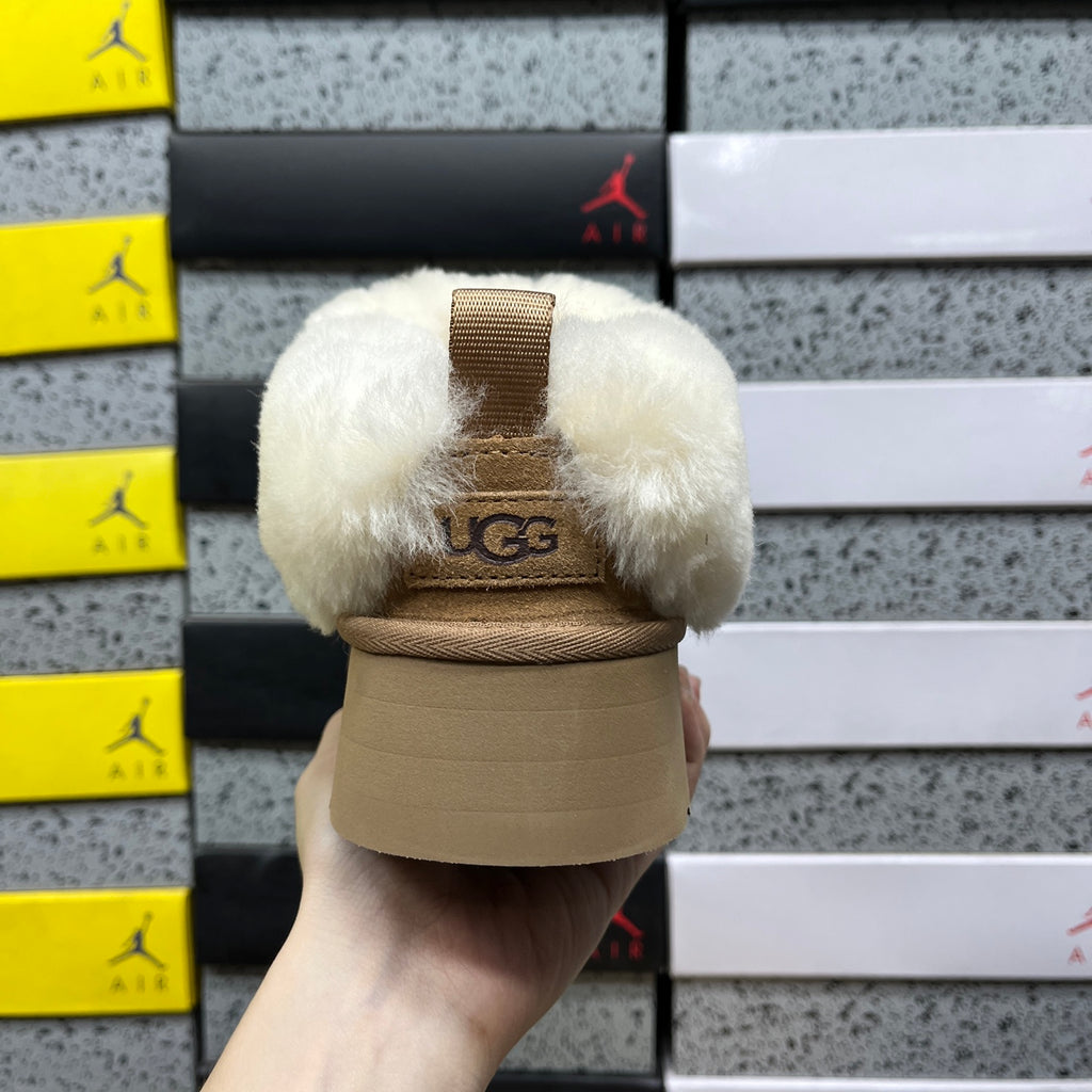 UGG Plush-Collar Platform Ankle Boots in Chestnut & Cream